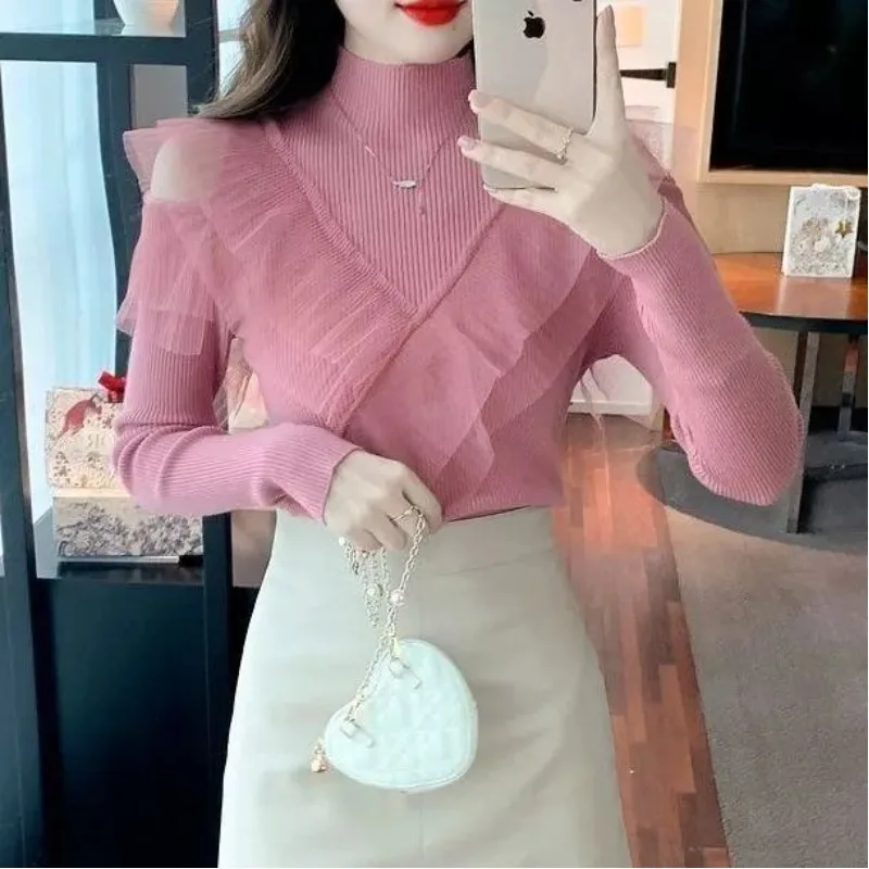 Women\'s Autumn and Winter Fashion Solid Color Pullover Half High Collar Ruffle Edge Mesh Panel Long Sleeve Slim Fit Knit Tops