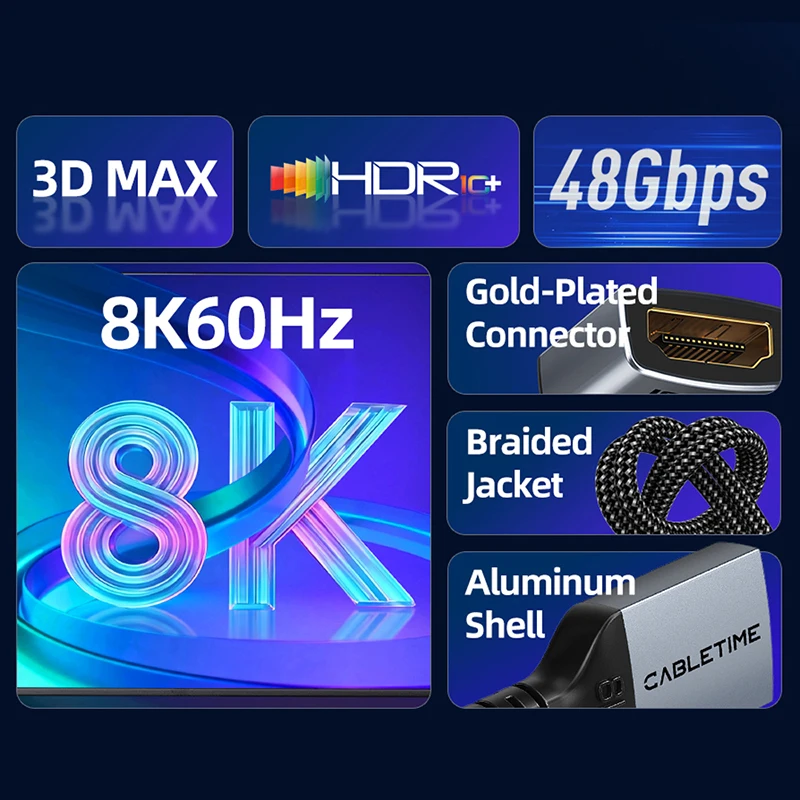 CABLETIME 8K HDMI Extension Cable 8K@120Hz/60Hz 48Gbps Braided Jacket Aluminum Shell HDMI 2.1 Cable for Monitor Laptop