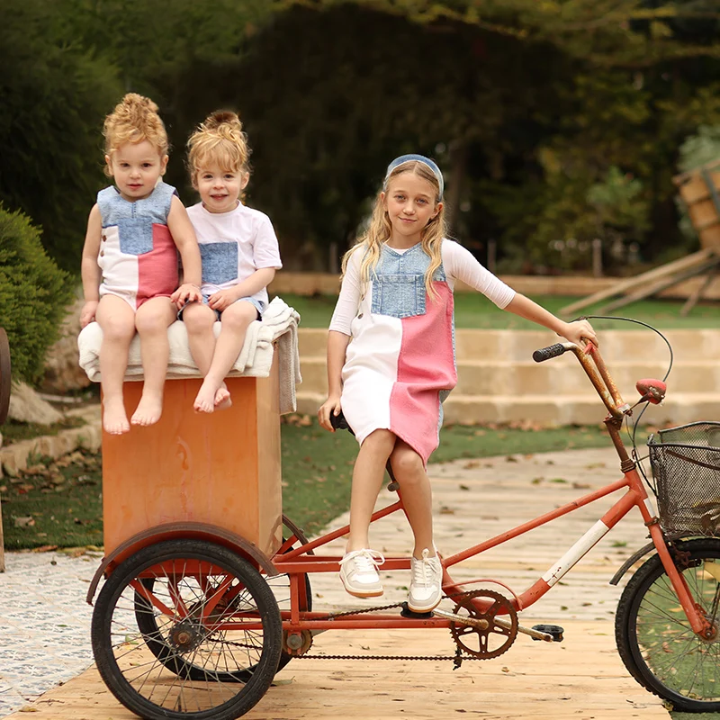 Summer Denim Collection Girls Dress Set Cute Baby Rompers Boys Casual Shirt Girls Skirt Family Clothing Set Contrast Pockets