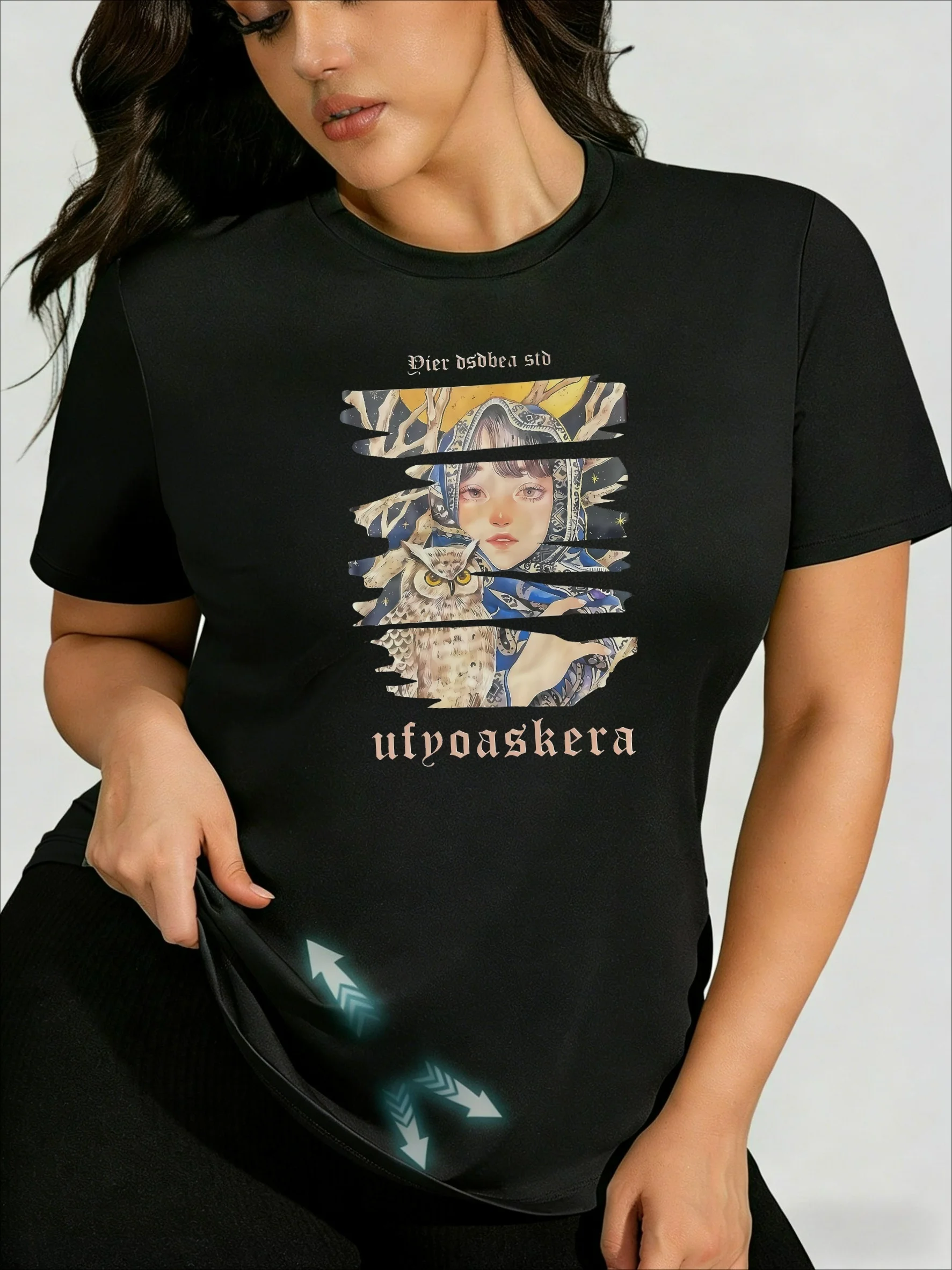 

Sweet Cool Retro Girl Owl Print Plus Size T-Shirt, Y2K Dark Style Slim Fit Short Sleeve