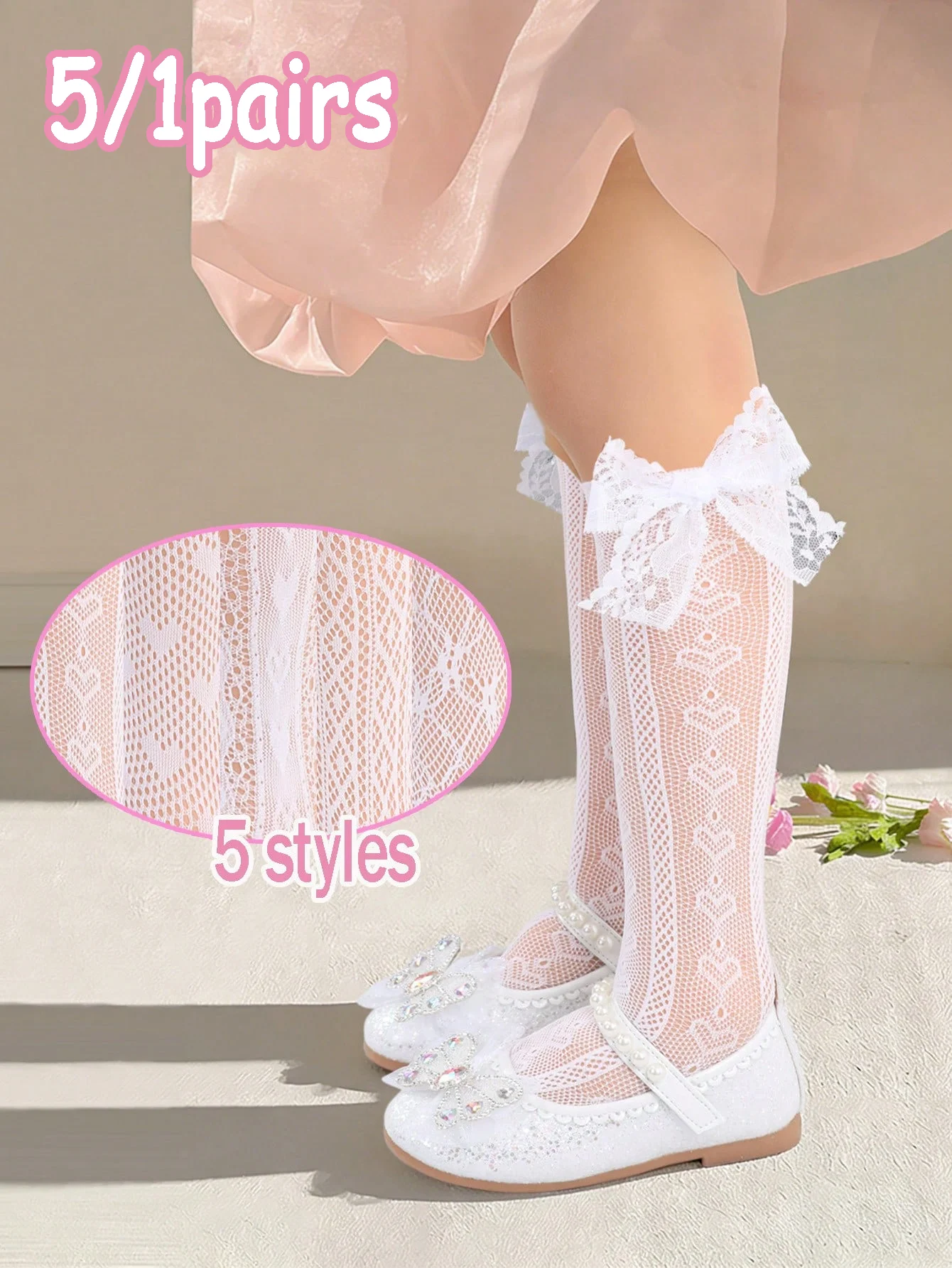 1/5 Pairs of Girls' Sweet and Cute Lace Bow Hearted Floral Embroidered Mid-Calf Stockings Suitable for Girls Matching with Lolita
