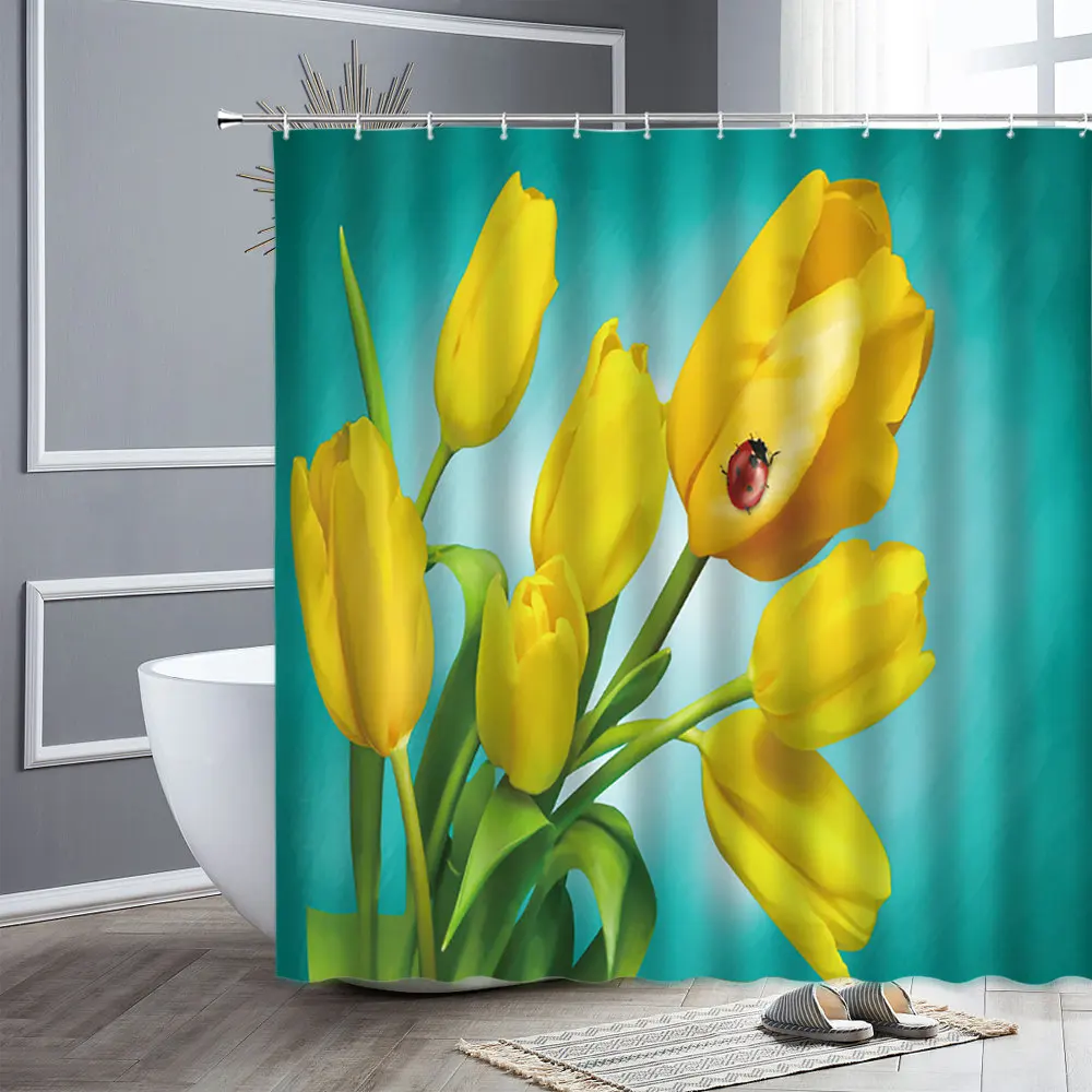 

Tulip Flower Shower Curtain Spring Green Plant Yellow Floral Garden Scenery Bathroom Waterproof Bath Curtains with Hooks Decor