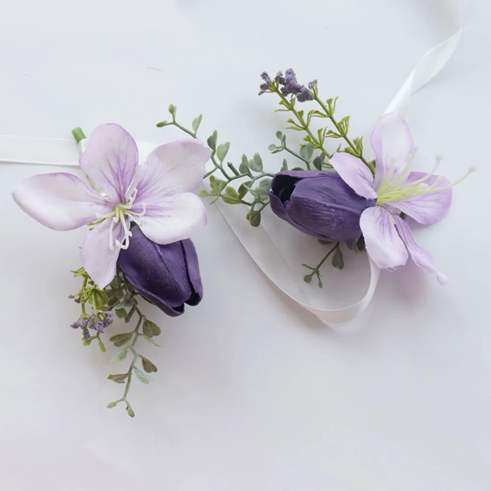 Conjunto de ramillete y ojal morado para boda, graduación, pulseras de ramillete de muñeca con flores artificiales, pulsera de ramillete de regreso a casa