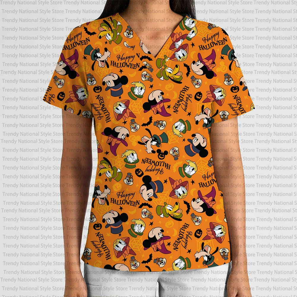 New Disney Halloween Ghost Mickey and Minnie Fashion Women's Work Uniform Scrub Top with V-Neck Pocket Hospital T-Shirt