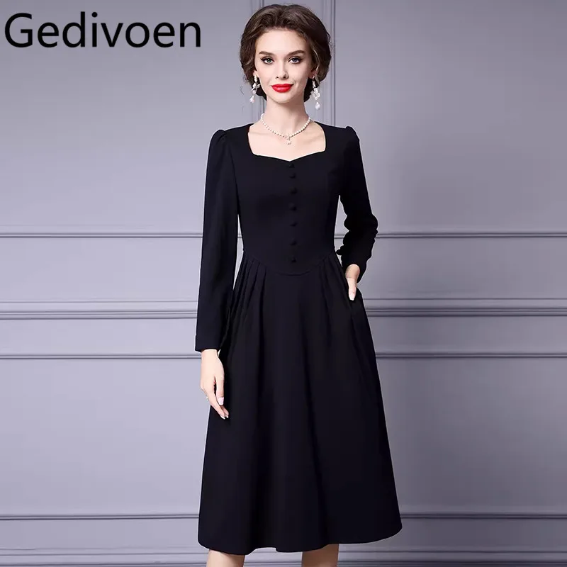 Gedivoen Autumn Winter Women's Dress Square-Neck Long-Sleeved Commuter High Waiste Office Work Solid Color Dresses