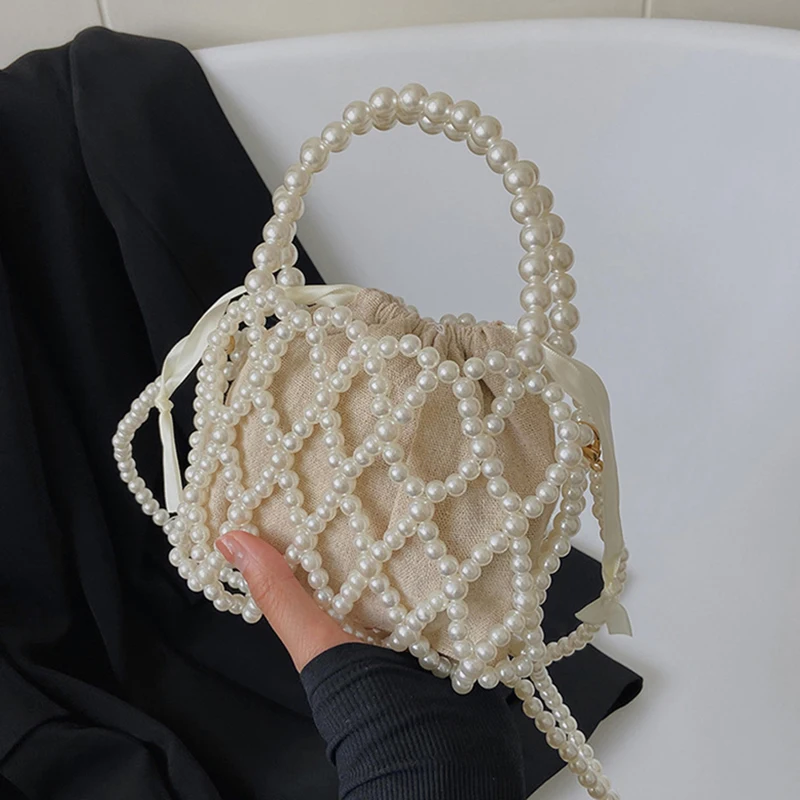 French Retro Handbag Fairy Popular Woven Beaded Bucket Bag Crossbody Bag Summer Niche Design Hollowed Out Pearl Bag Women Bag