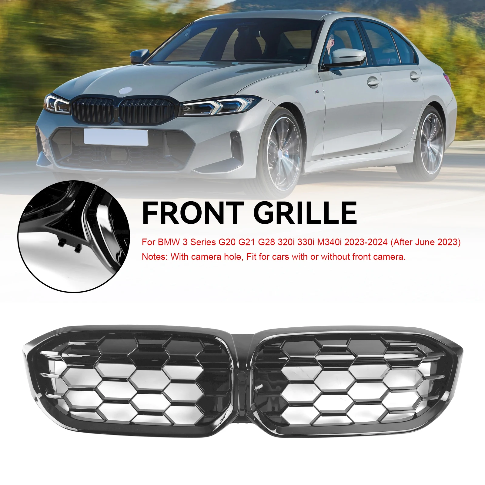 

Areyourshop Gloss Black Front Kidney Grill Grille fit for BMW G20 320i 330i M340i 2023-2024
