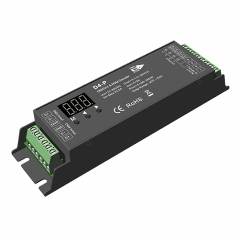 

D4-P 4 Channel PWM Constant Voltage DMX &RDM LED Decoder Controller Digital Display XLR3 RJ45 Port DC12-36V Input 8Ax4ch Black