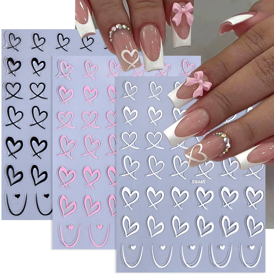 3D Love Heart Nail Stickers Irregular Sweetheart French Stripe Lines Valentines Simple Design DIY Gel Polish Sliders Nail Decor