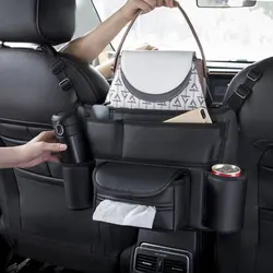 Leather Car Seat Middle Hanger Storage Bag For Handbag Tissue Water Cup Pockets Pockets Stowing Tidying Organizer 