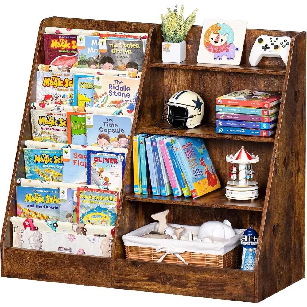 

4 Tier Kids Bookshelf and Storage Organizer, Five Layer Sling Children Bookcase, Baby Toddler Wooden Book Shelf, Display Cabinet