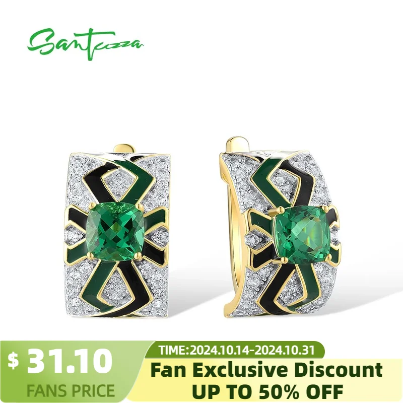 

SANTUZZA Genuine 925 Sterling Silver Earrings For Woman Sparkling Green Spinel Enamel Solitaire Delicate Wedding Fine Jewelry