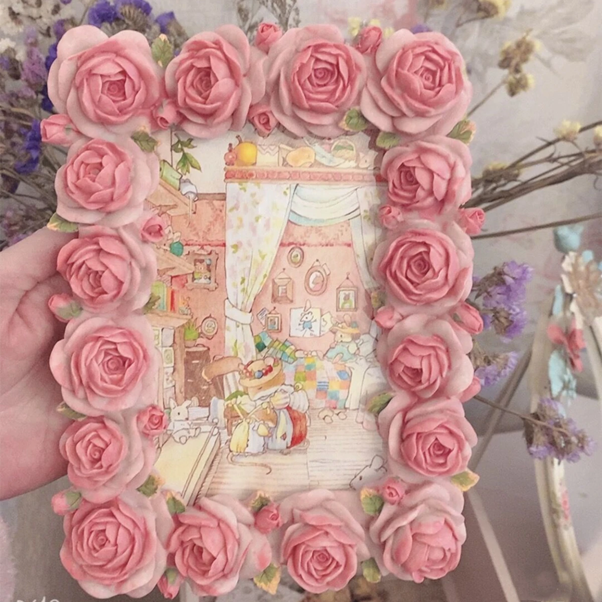 Rose Pink Shape Resin Picture Frame, American 7 Inch Flower Photo, Creative Light, Luxury Set Up, Idyllic Lady, Home Decor