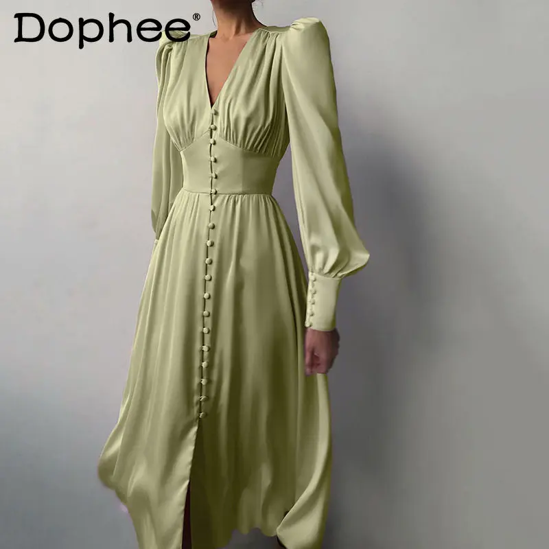 

French Satin Lantern Sleeve V-neck Dress Thin European American Style Elegant Temperament Slim High Waist Long Dress Women