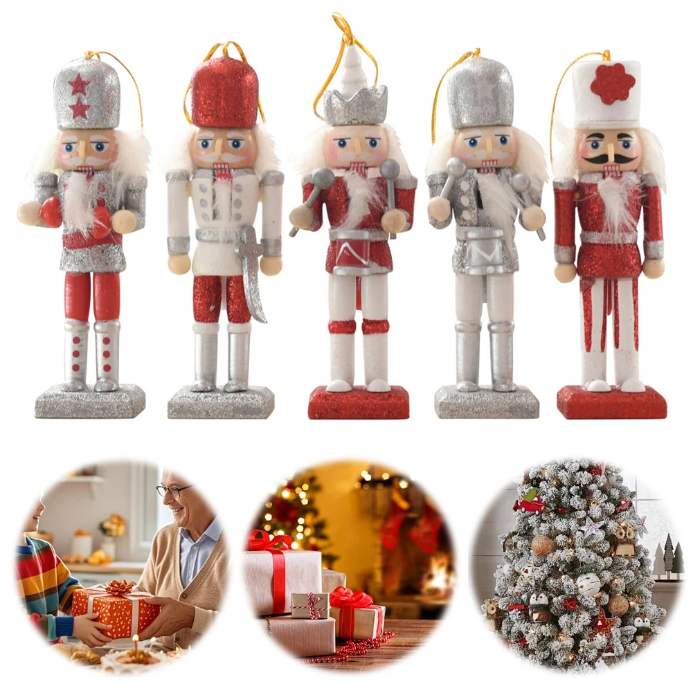5 pcs Wooden Christmas Nutcracker Figures Ornaments Christmas Nutcracker Ornaments for Table Desktop Fireplace Christmas Tree