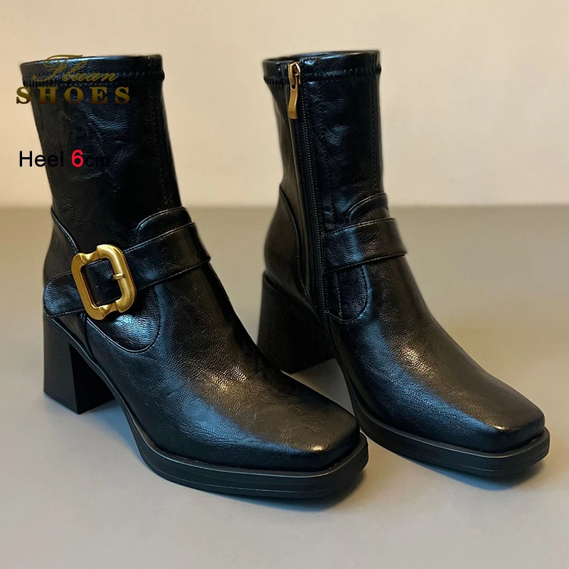 

2026 Autumn Winter New Fashion Black Women's Ankle Boots Thick High Heels 6cm Square Toe Side Zipper Ladies Short Boots Shoes