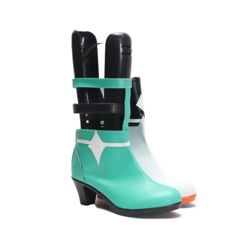 Anime Hololive Hakos Baelz‌ Cosplay Shoes White Green High Heels Short PU Leather Boots For Halloween Carnival