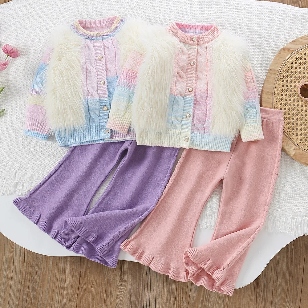 

Комплекты трикотажной одежды для девочек, осенне-зимние детские меховые шерстяные трикотажные свитера, пальто, брюки, костюм принцессы из 2 предметов для малышей, детская одежда
