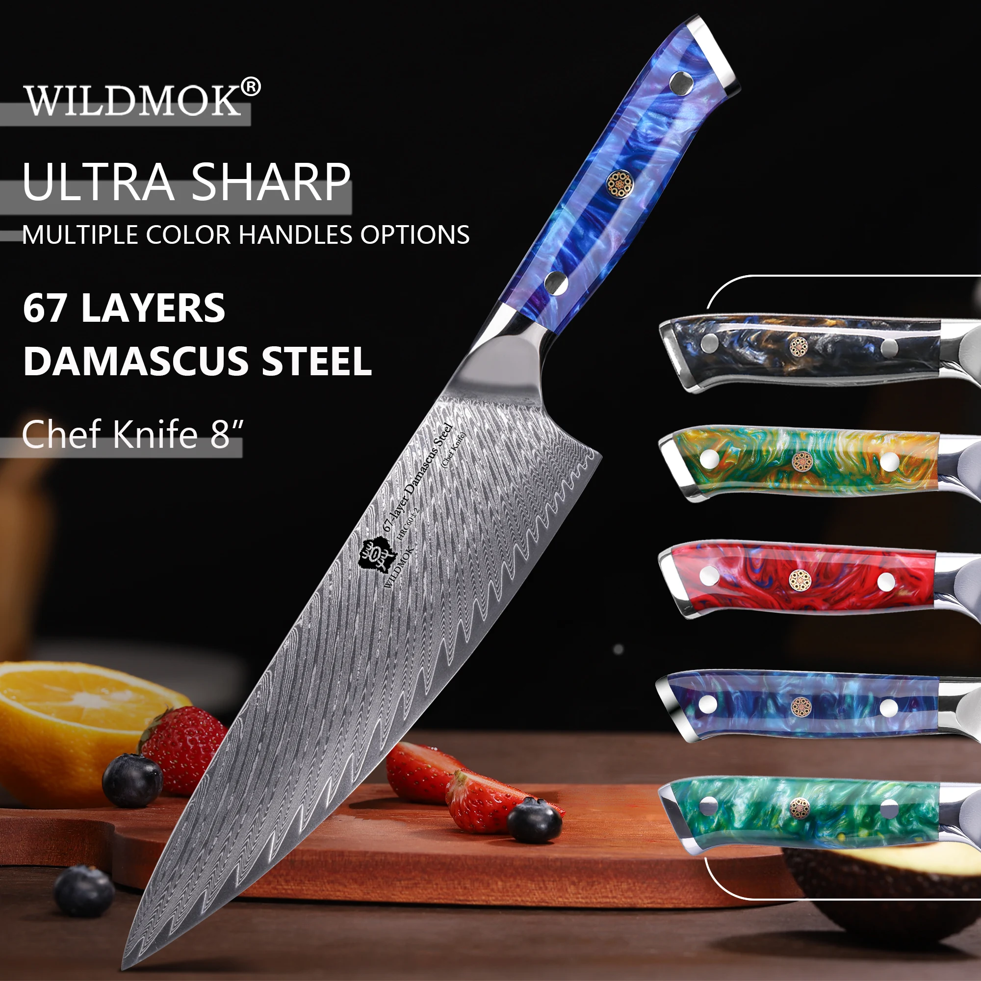 WILDMOK 67 Layers Damascus Chef Knife, 8 Inch Japanese Chef's Knives, VG10 Steel Kitchen Knives with  Resin Handle