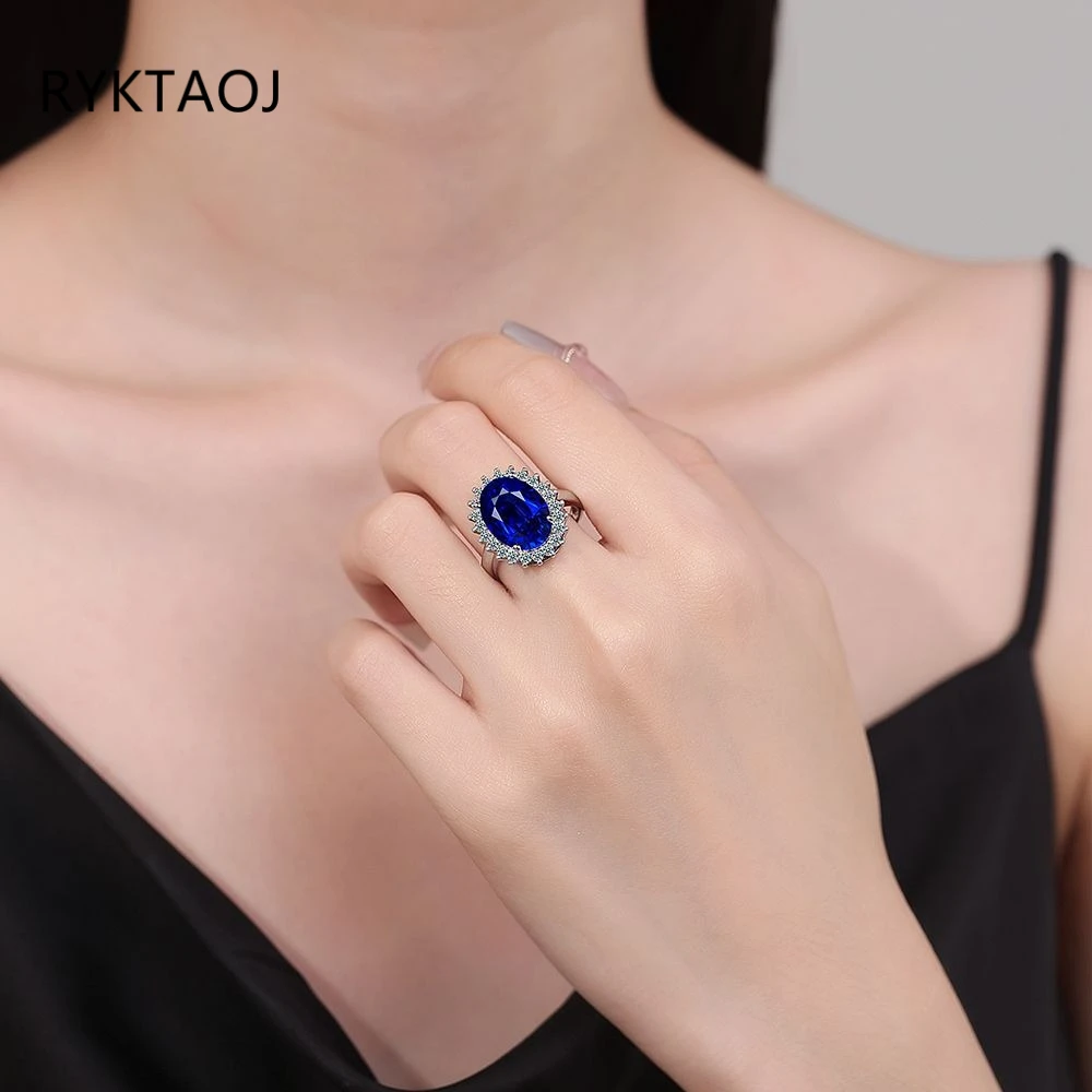 925 Sterling Silver Oval Cut Blue Cubic Zirconia Halo Ring for Women, Sunflower CZ Adjustable Statement Fine Jewelry Gift