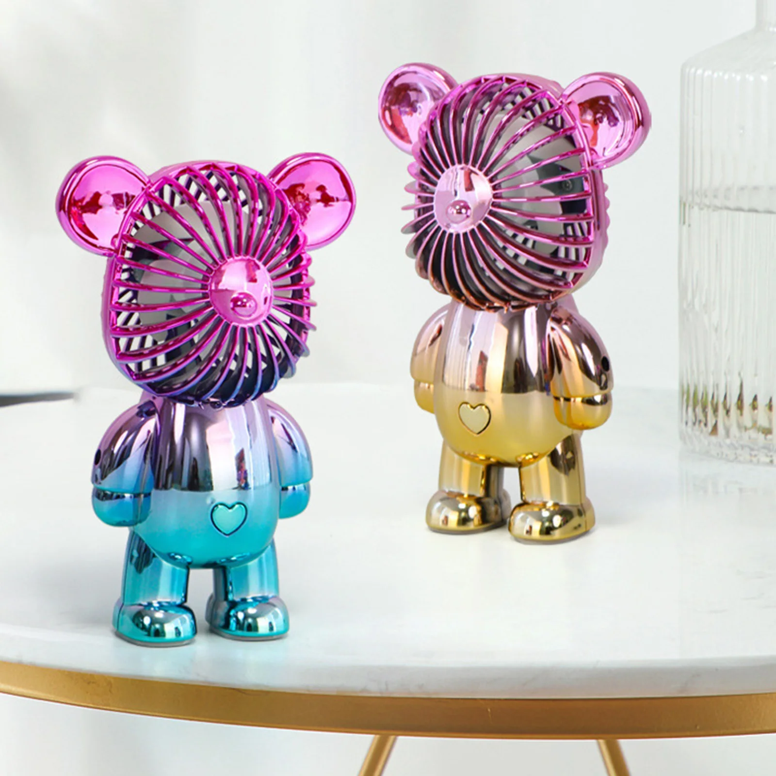 Bear Desktop Fan USB Rechargeable Graffiti Personal Fan Electroplating Gradient 3-speed for Camping Outdoor Travel