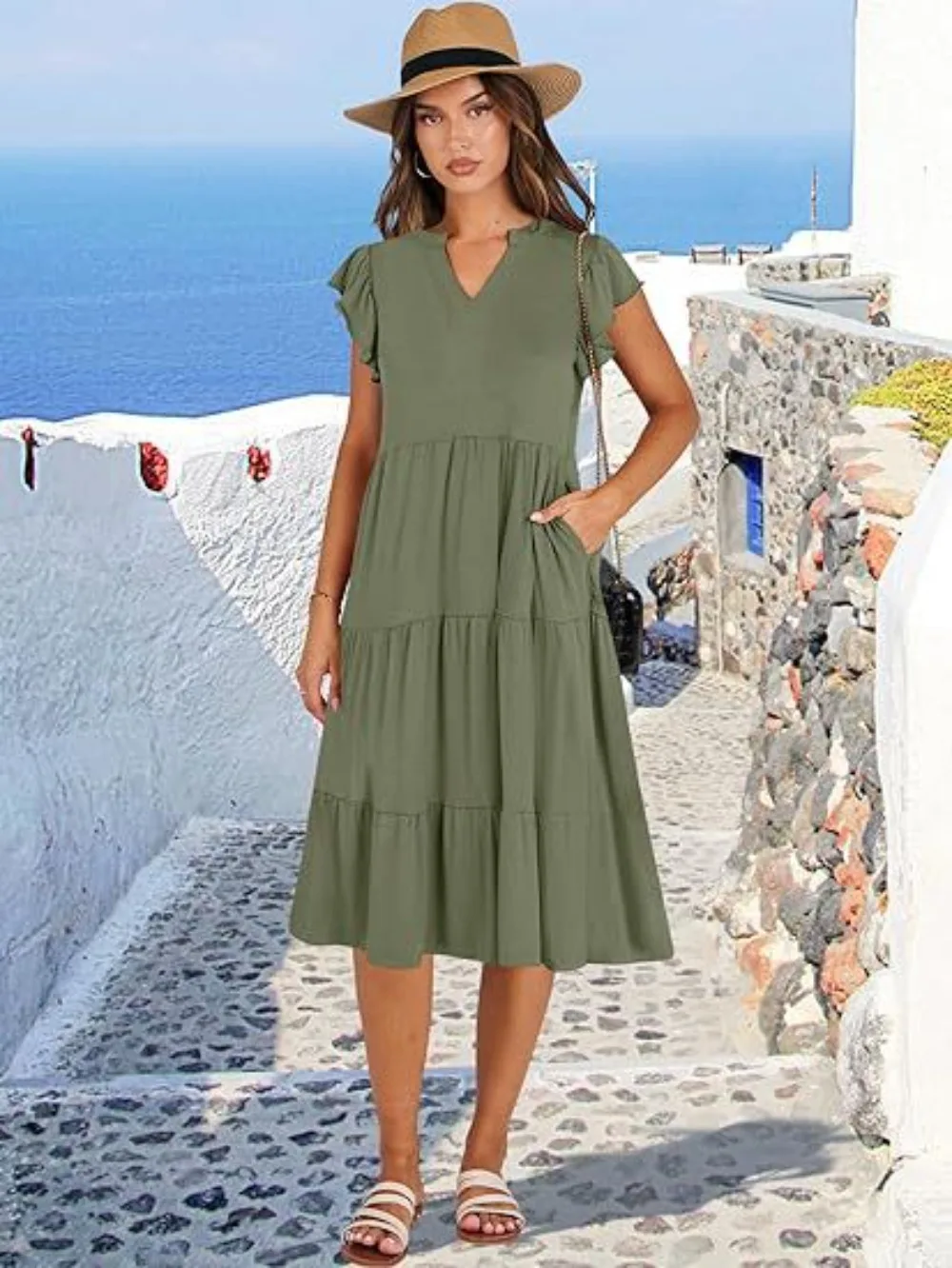 Womens Summer Dress Ruffle Sleeve V Neck Midi Dresses Fashion Casual Fit Flowy Tiered Boho Beach Vacation Sundress