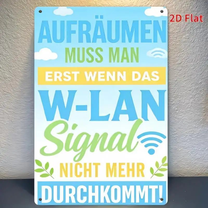 W - LAN Signal Humorous German Metal Tin Sign - Colorful Cartoon (WiFi, Clouds, Leaves) Design, Iron Retro Wall Art for Bedrooms
