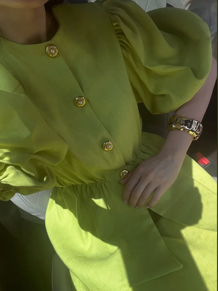 

Casual Puffy Sleeve Shirt Long Skirt Set Women Elegant O-neck Buttons Shirts Loose Skirts Sets Lady 2025 Summer Chic Outfits