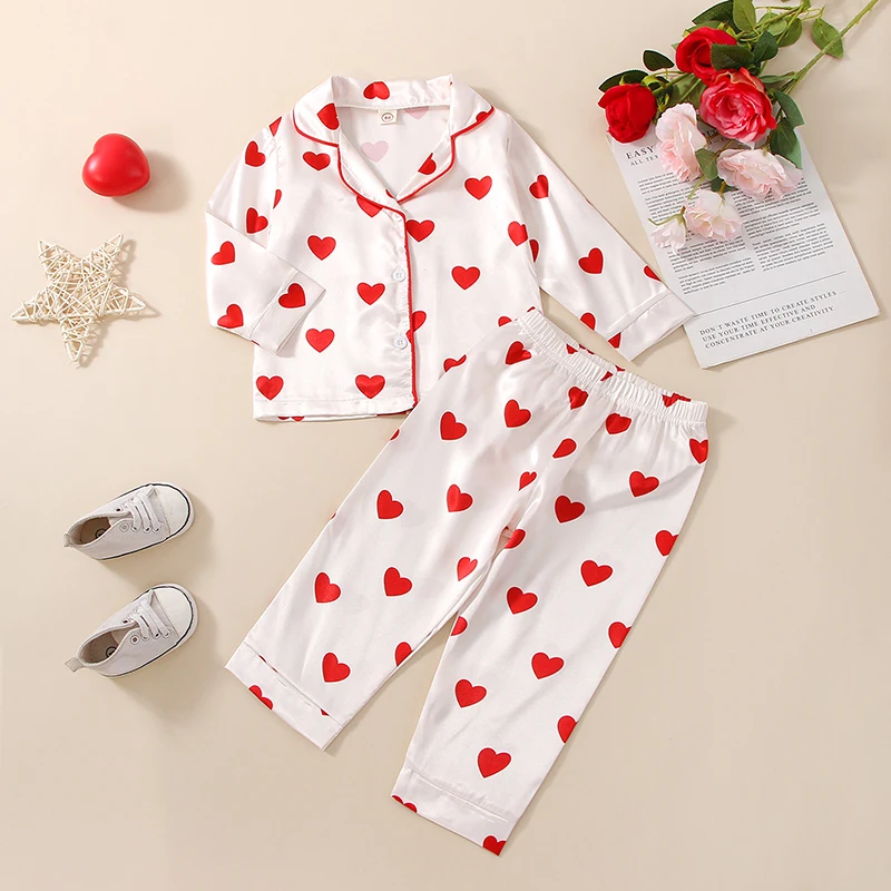 

Toddler Baby Girl Valentines Day Outfit Heart Print Button Down Shirt Top Pants Set Little Girls Silk Homewear