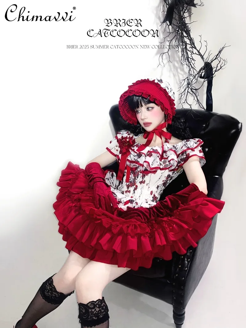 

Halloween Gothic Cos Skirt Set Sweet Girl Off-Shoulder Slim-fit Lolita Blouse + Flared Half Skirt Party Princess Sets Women
