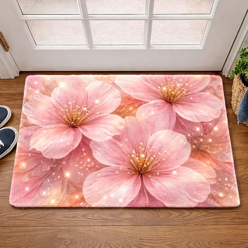 Flannel Floor Mat, Romantic Pink Floral Pattern Floor Mat, for Bedroom, Living Room, Bathroom, Kitchen, Balcony, Corridor, Porch, Office, Bedside, Entrance Mat