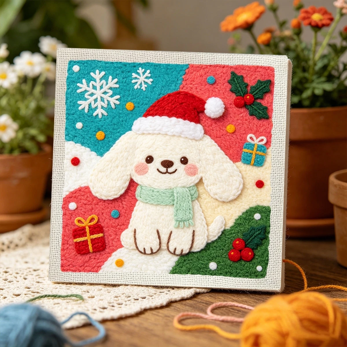 1 Set Weihnachts-Welpen DIY-Stickerei-Set für Anfänger, Stickerei-Starter-Kit, Kreuzstich-Kunstgeschenk, Nadelarbeiten – Detail 3