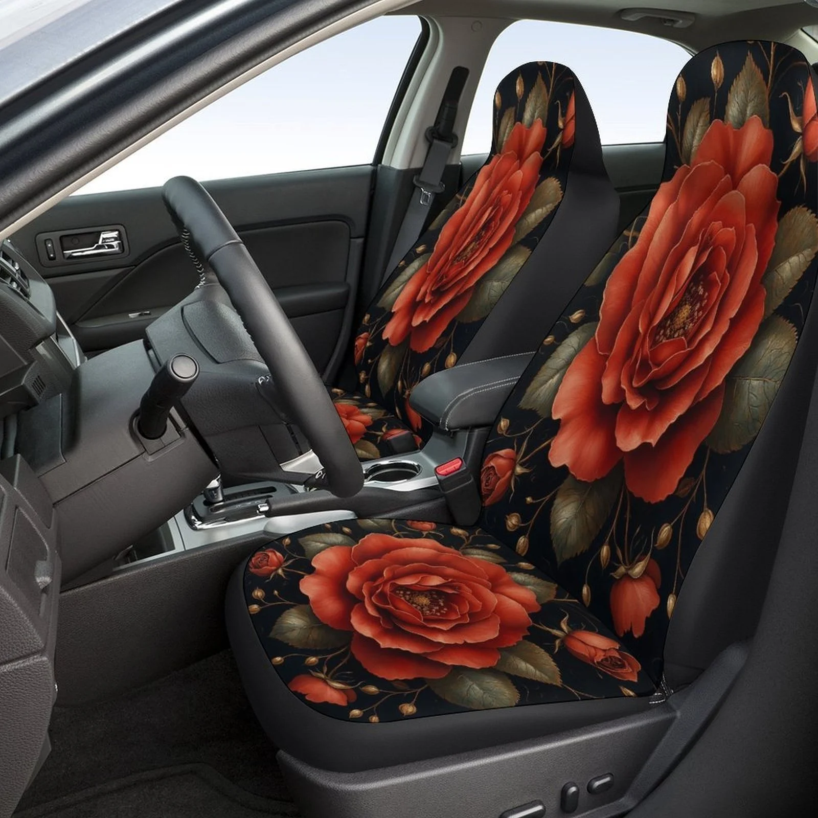 Set Of Car Seat Covers Featuring A Red Rose Bloom Design, Suitable For Various Vehicles. Stylish And Durable, This Complete Set