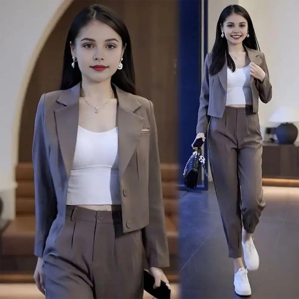 Lady Business Outfit Stylish Women's Formal Commute Outfit Lapel Double Buttons Coat Pants Set with High Waist Trousers Long