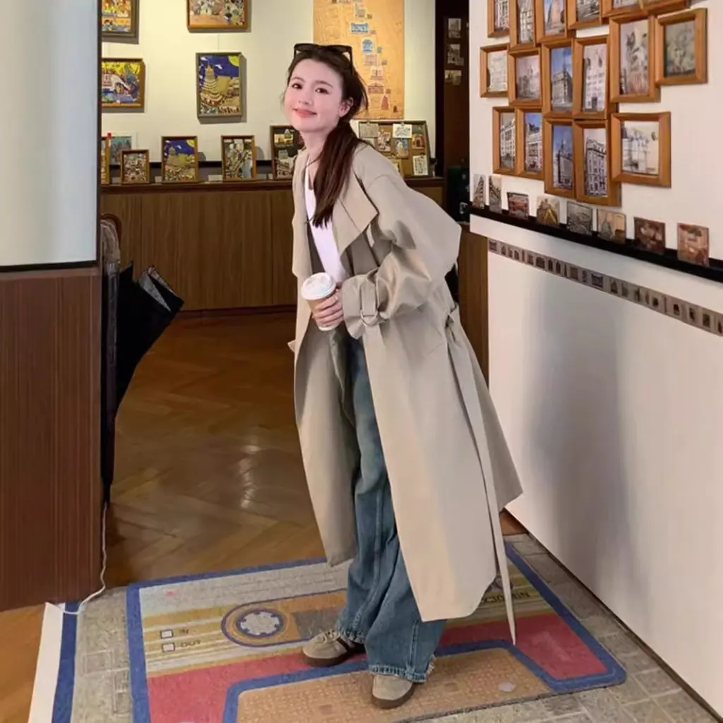 

Женский Тренч в британском стиле с воротником-стойкой, минималистичный дизайн, роскошная осенняя верхняя одежда свободного покроя длиной до колена