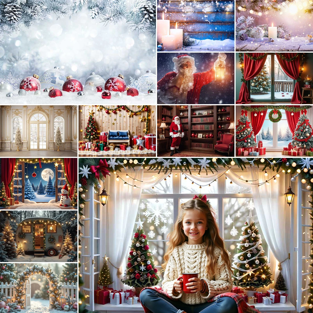 

MOON.QG Snowy Christmas Backdrops Candle Window Curtain Wreath Backgrounds Photozone Photocall Photo Studio Family Portrait