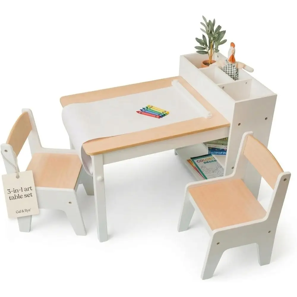 

3-in-1 White Wooden Kids Art Table with Chairs, Bookshelf, and Paper Roller