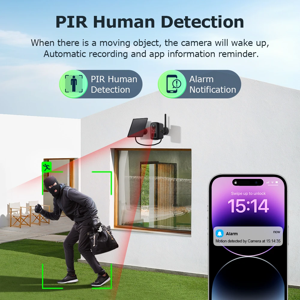 SHIWOJIA-cámara con batería Solar de 3MP, sistema de seguridad, Kit de 2 cámaras, WiFi para exteriores, cámara inalámbrica, visión nocturna en Color, alerta de movimiento