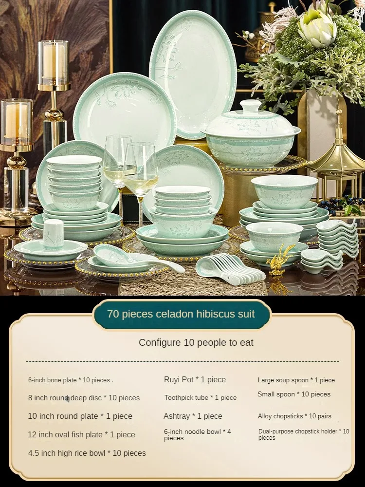 Chinese Style Celadon Lotus High-temperature Underglaze Blue Porcelain Tableware Set for Home New Bowls and Dishes Set