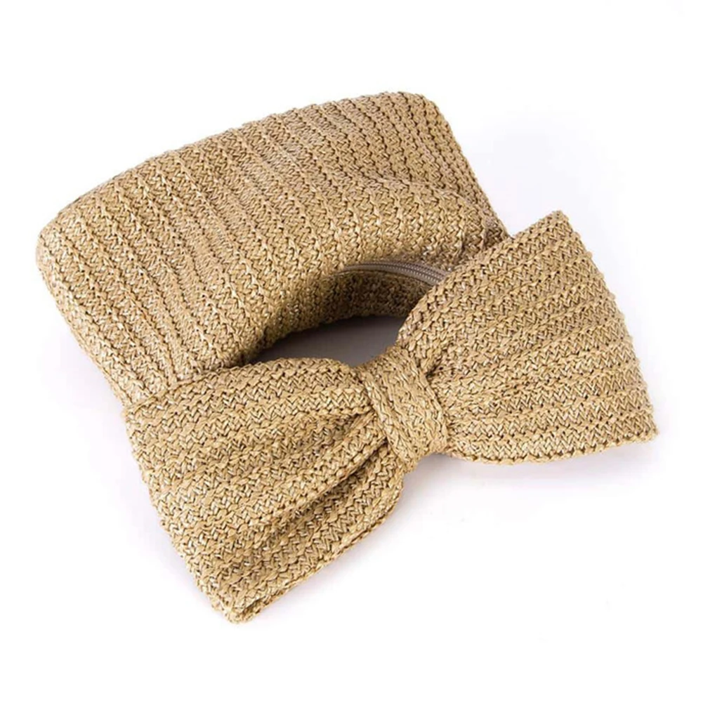 

Women Straw Woven Handbag Zipper Closure with Bow Crochet Beach Handbag Versatile Ladies Daily Bag