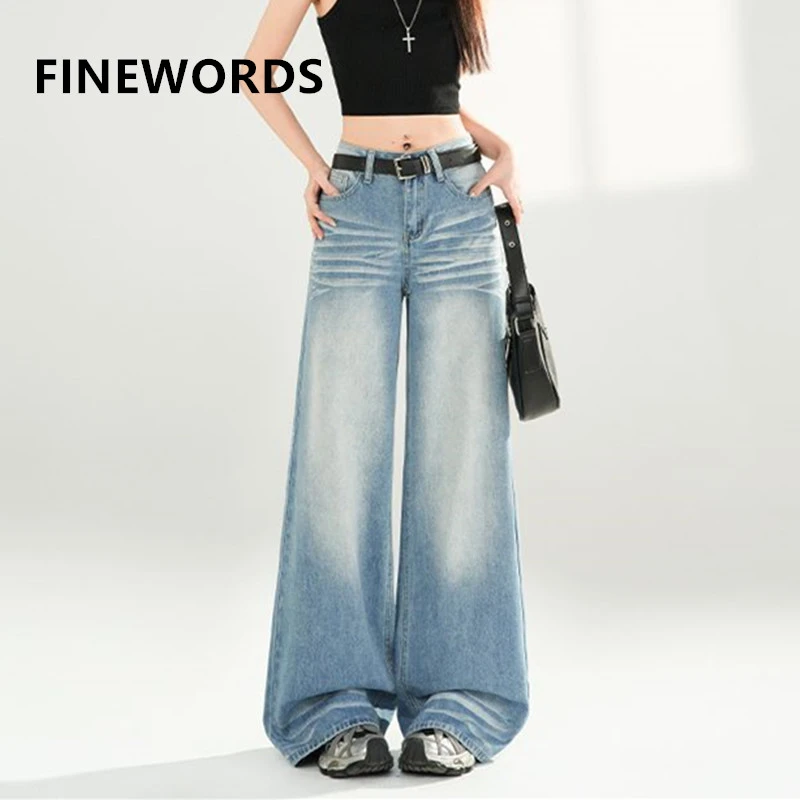 

Джинсы FINEWORDS с высокой талией, светлого оттенка, широкие штанины, для женщин, в стиле Y2K, уличная мода, свободные винтажные джинсовые брюки, модные штаны свободного кроя