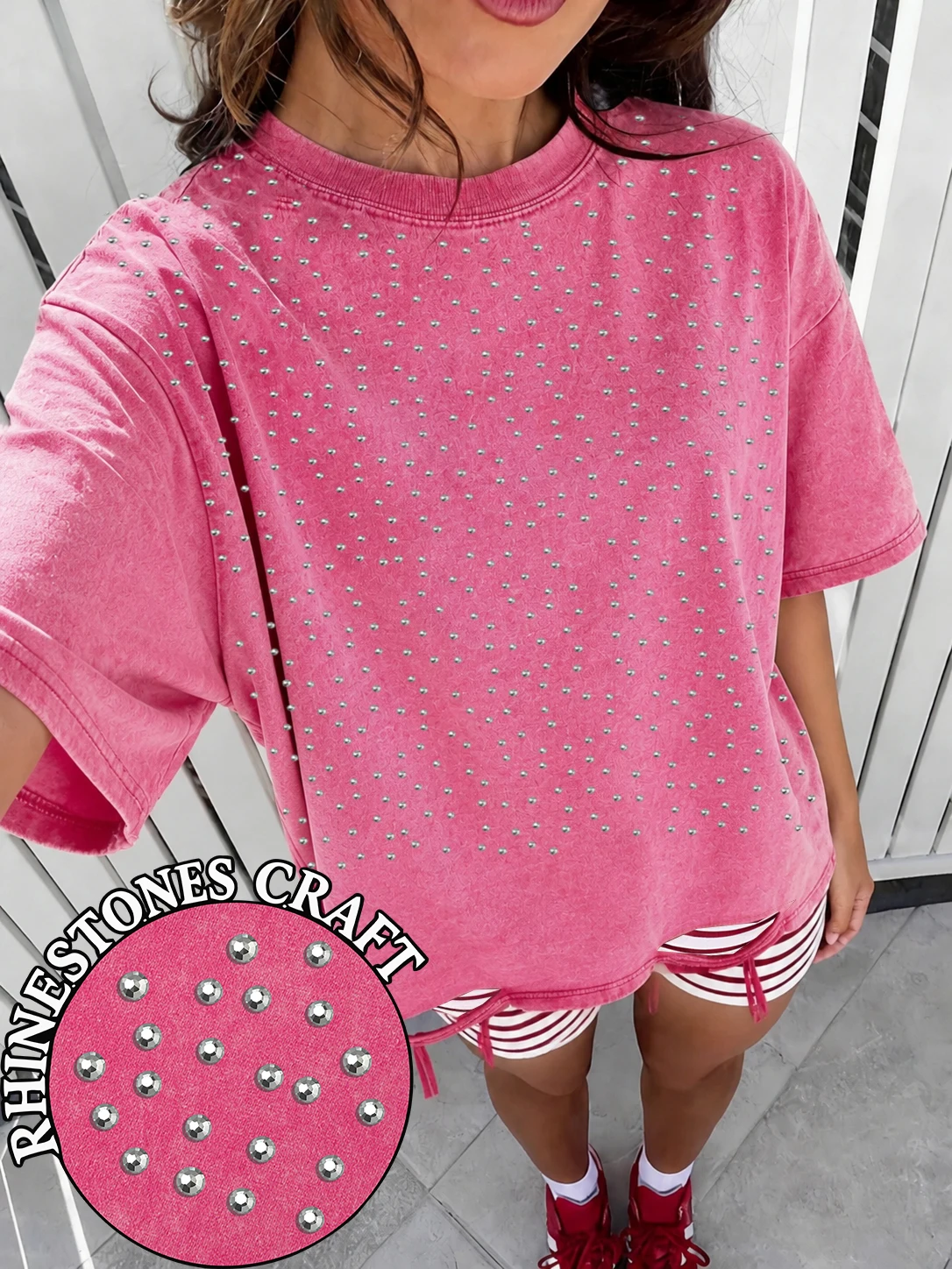 Rhinestone Craft Solid Color Women's Washed Holes T-Shirt Casual Cotton T Shirts Hip Hop Y2K Clothes Oversized Crewneck Tops