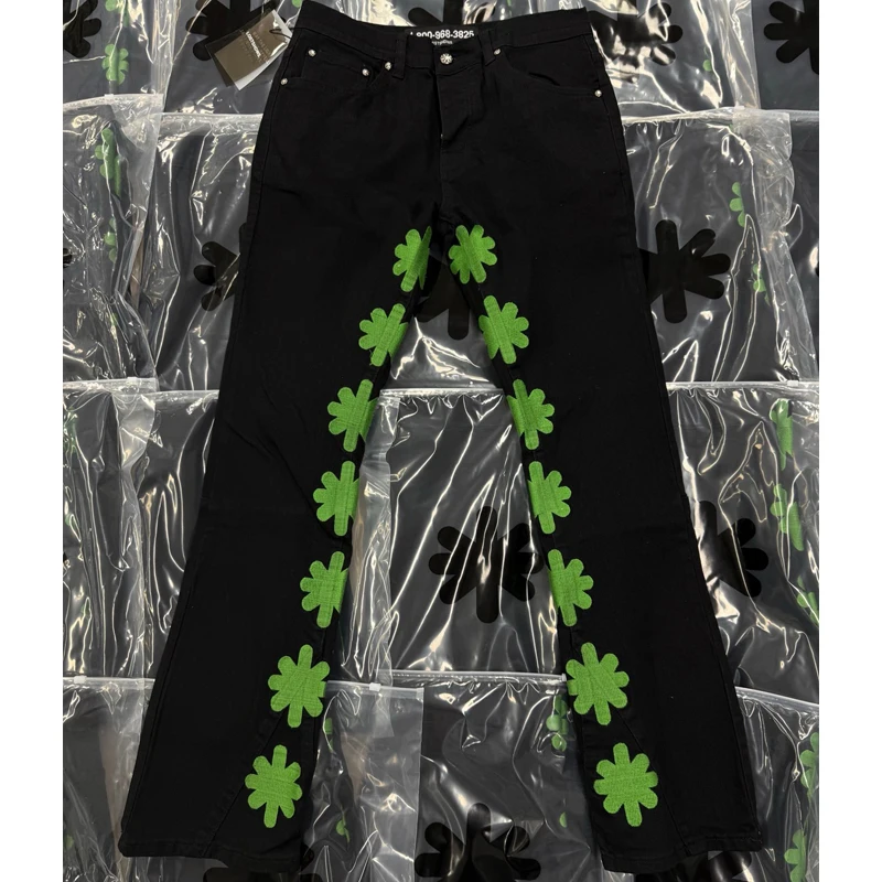 

Green Flower Embroidery Micro Flared Pants Men Women American Fashion Splicing Stretch Trousers LOST SHDWS JEANS