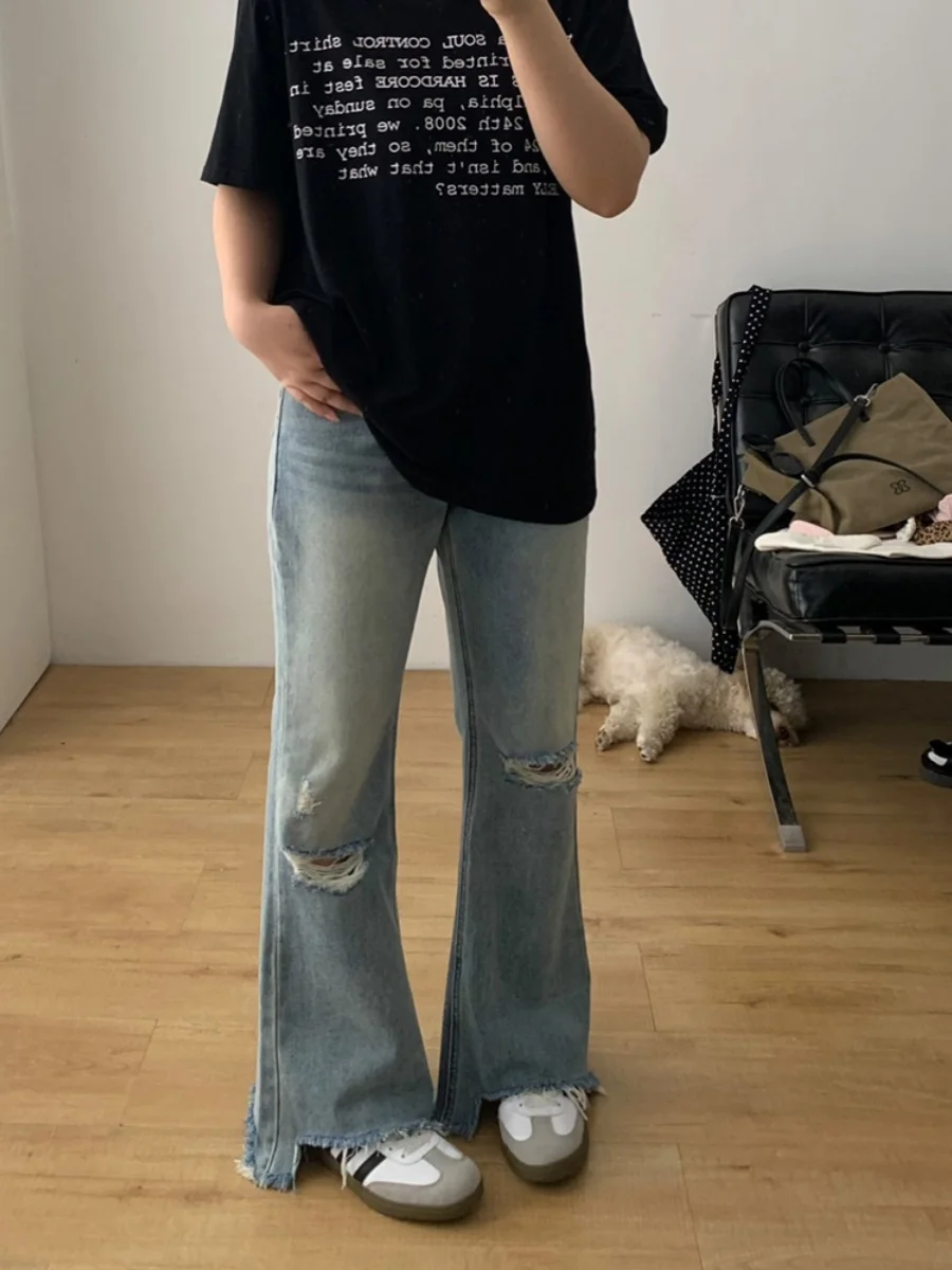 

Ретро джинсы с высокой талией и расклешенными штанинами для женщин, летние, утягивающие, с эффектом потертости, рваные, длинные, микро-клеш