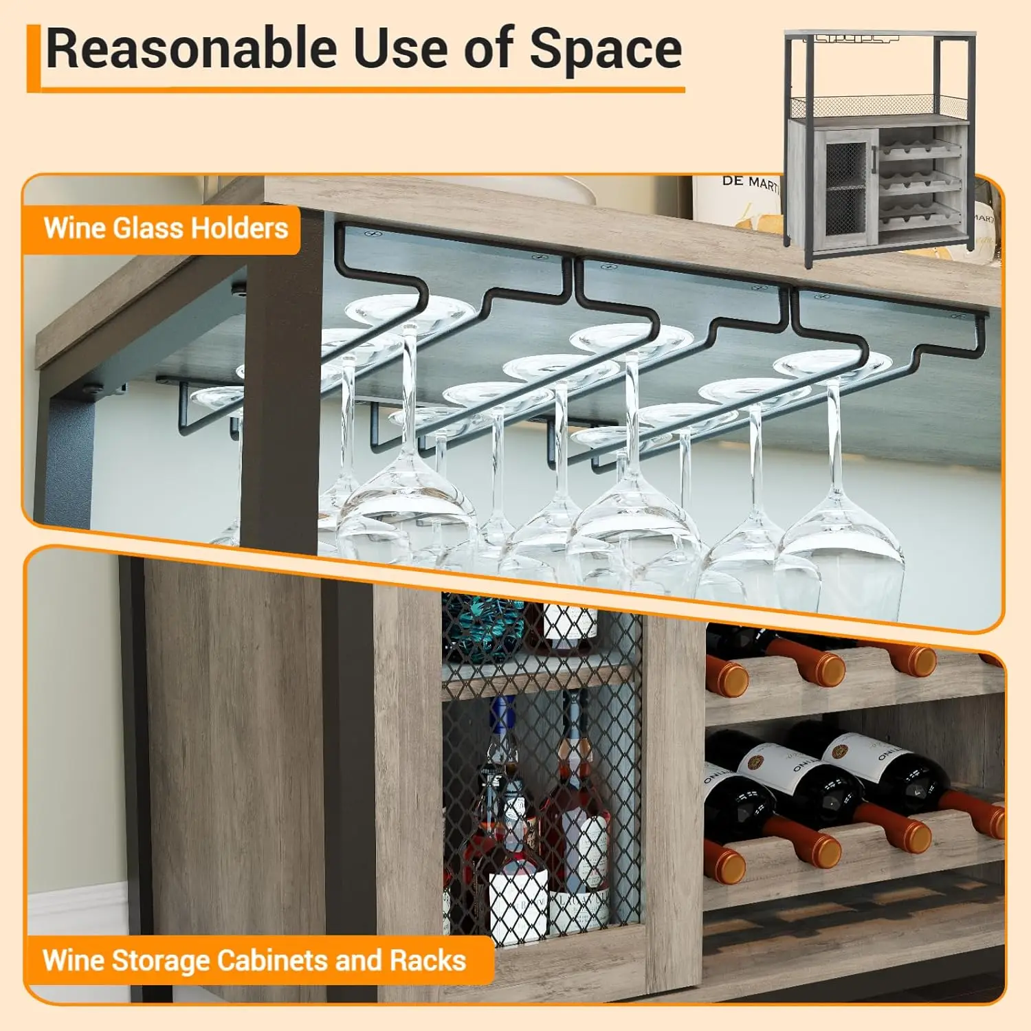 Шкаф для винного бара с местом для хранения вещей и съемной винной полкой, кофейный бар с держателем для стекла, 3-х уровневый кухонный шведский шкаф