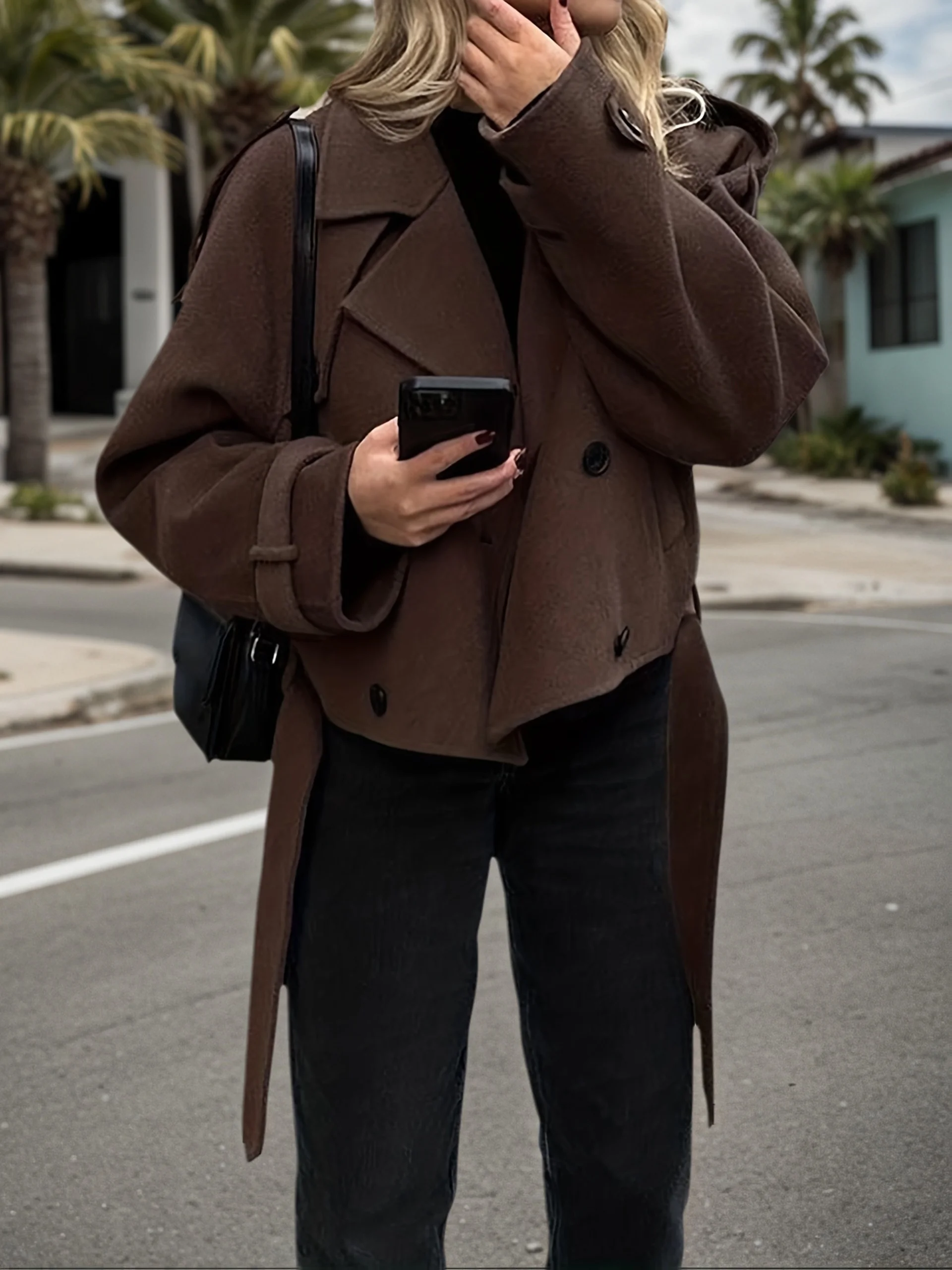 

Ladies' autumn and winter fashionable wool blend casual jacket, long sleeved windbreaker jacket, paired with tie style belt