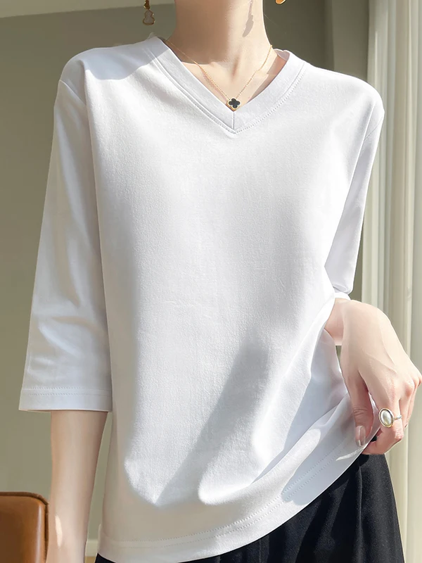 Spring Summer New Style Loose Fit Pure Cotton V-Neck Women's T-Shirt Half Sleeve Base Shirt Top Breathable Moisture Wicking