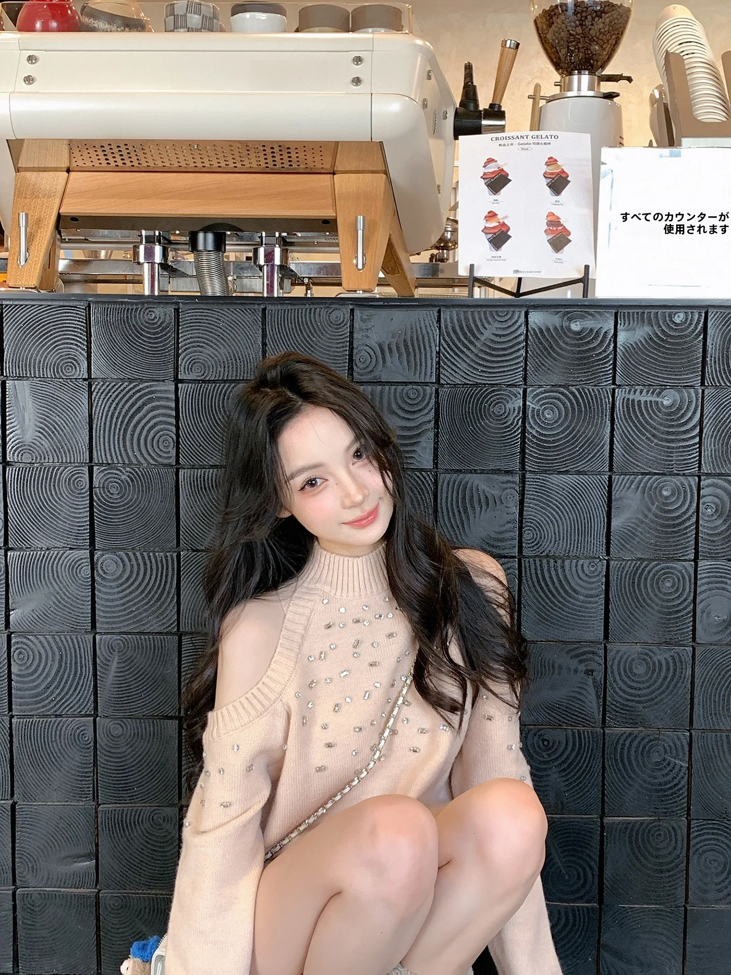 

Spring New Pure Desire Women's Sweater Neck Hanging Drill Shoulder Exposure Knitted Top Inner Wear Base Sweet Style Long Sleeve