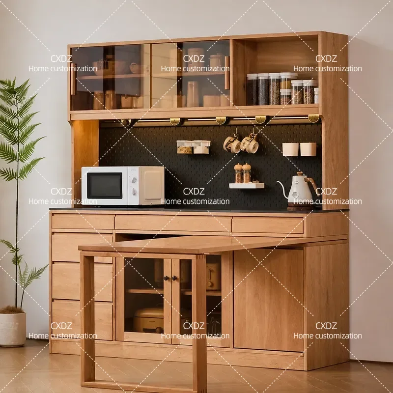 Nordic Solid Wood Cherry Folding Dining Table with Integrated Storage Locker Wine Cabinet and Rotating Side Cabinet