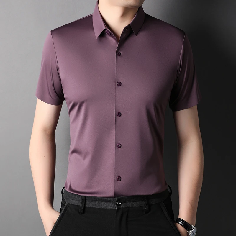 MLSHP High Elasticity Summer Men\'s Shirts Luxury Short Sleeve Solid Color Seamless Business Casual Male Dress Shirts 4XL